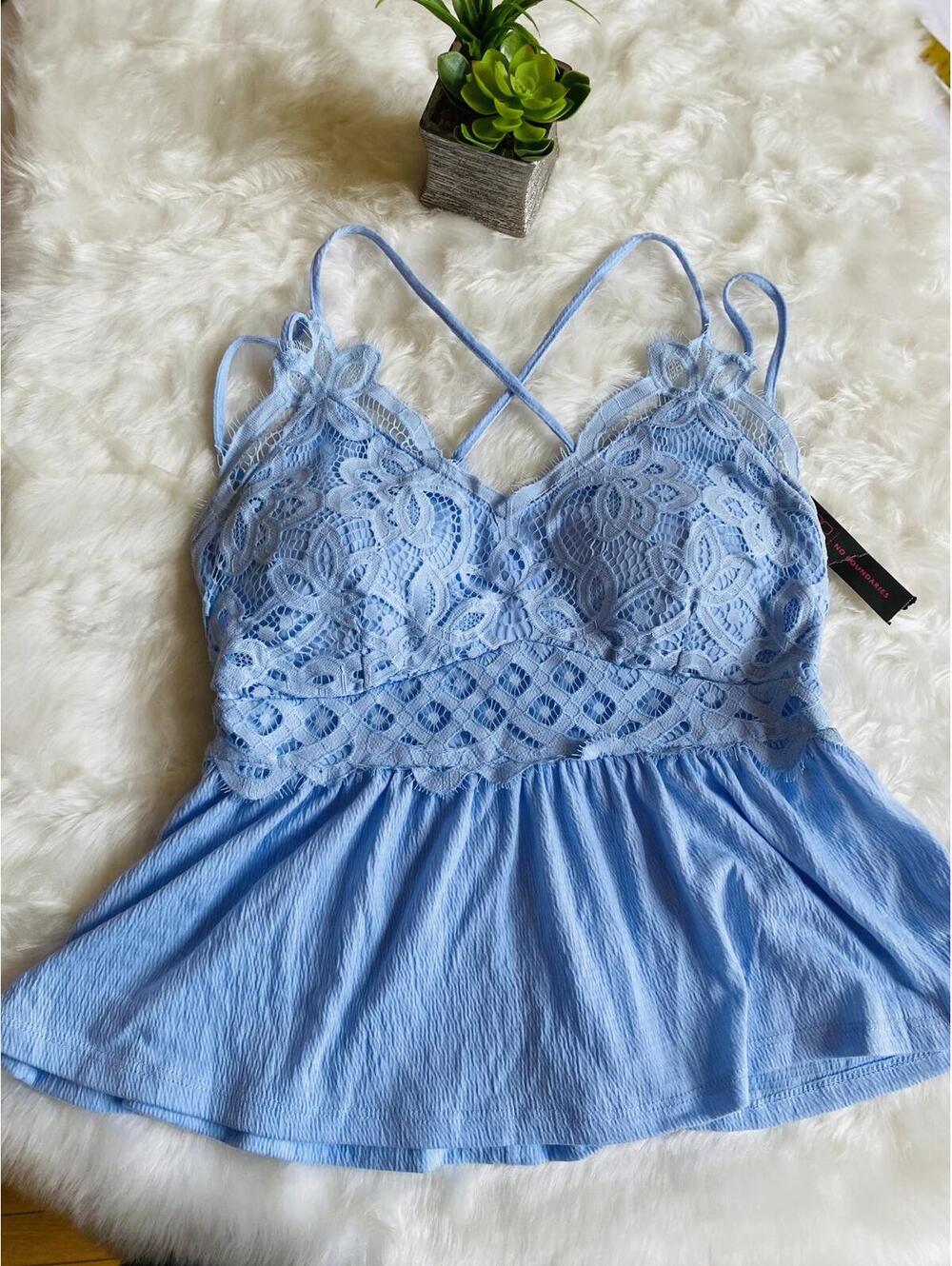 No Boundaries Light Blue Lace Detail Sleeveless Top with Crisscross Straps (7-9)
